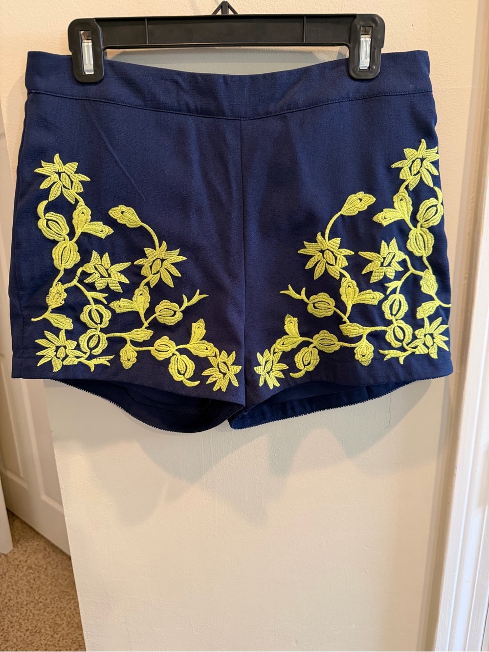 Alya Navy Blue High-Waist Shorts with Yellow Floral Embroidery